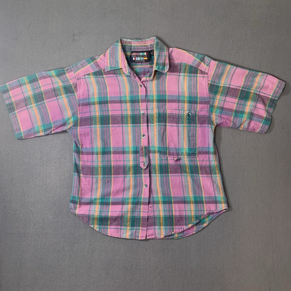 Paris Sport Club Women's M Flannel Shirt Purple Short Sleeve Button Up